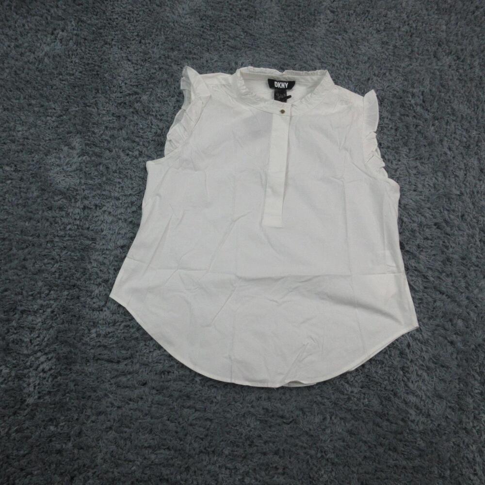 DKNY Shirt Womens XL White High Seas Sleeveless Ruffle Blouse Cotton Blend NWT